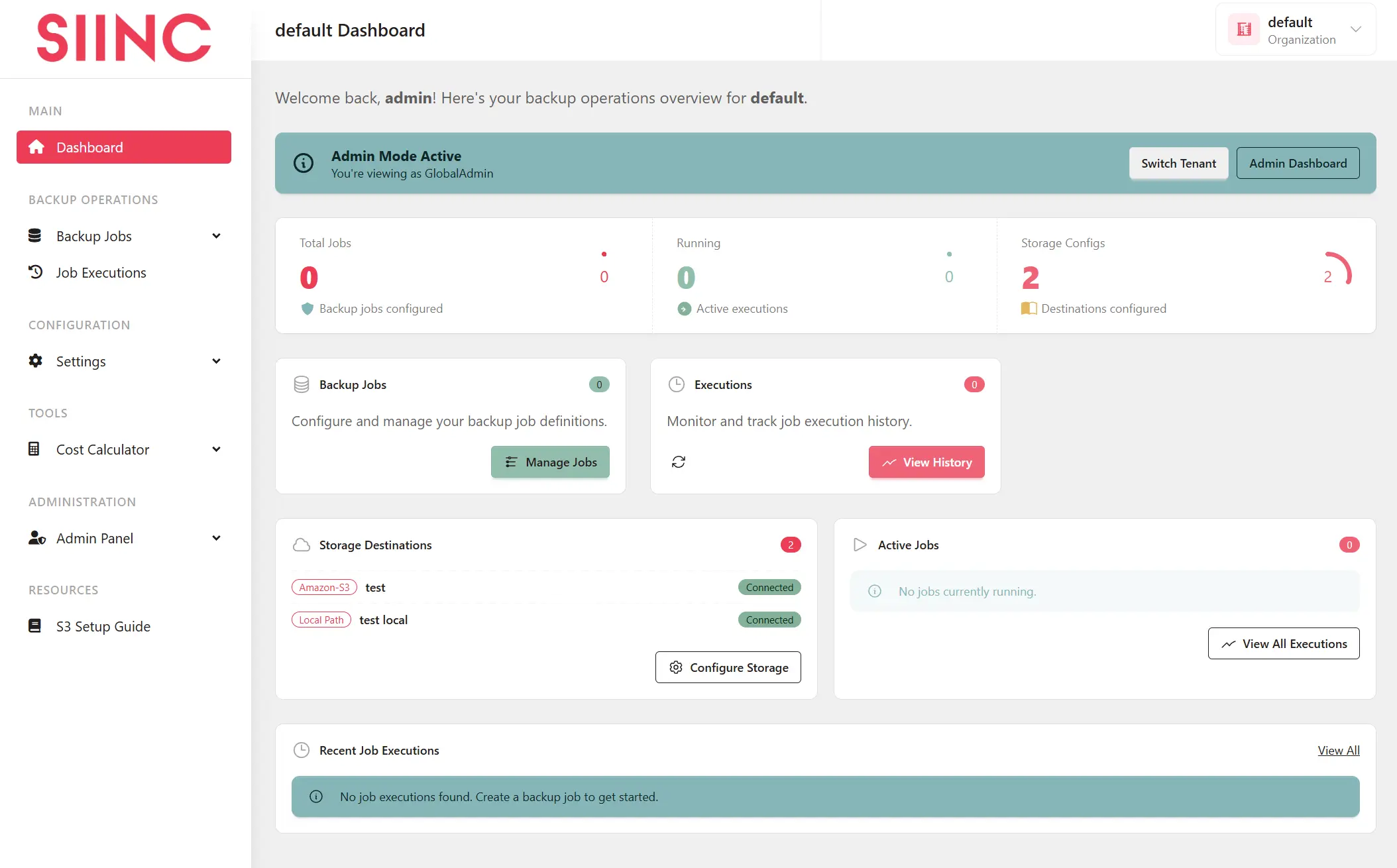Siinc backup interface showing Dashboard