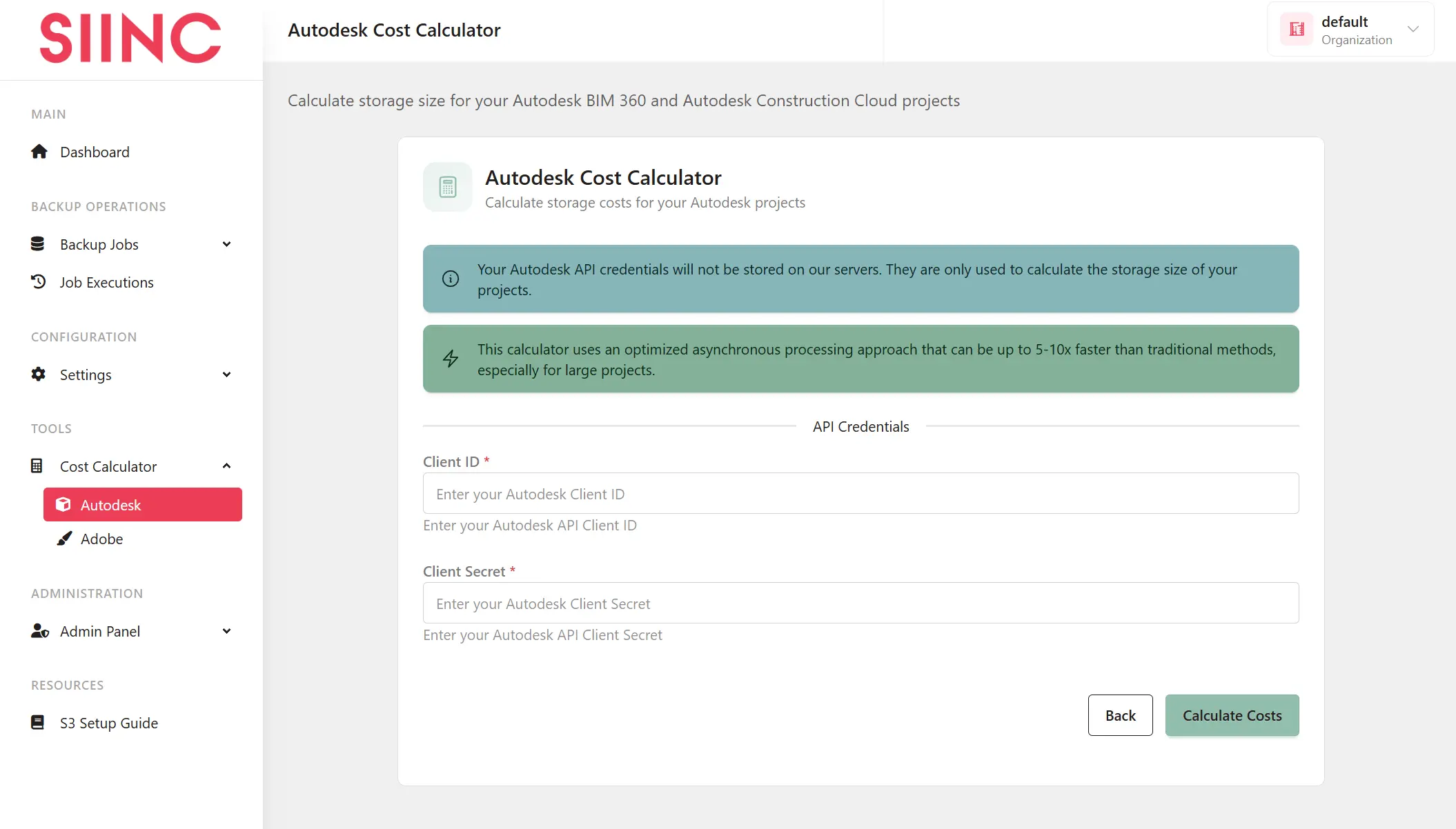 Siinc backup interface showing Compliance
